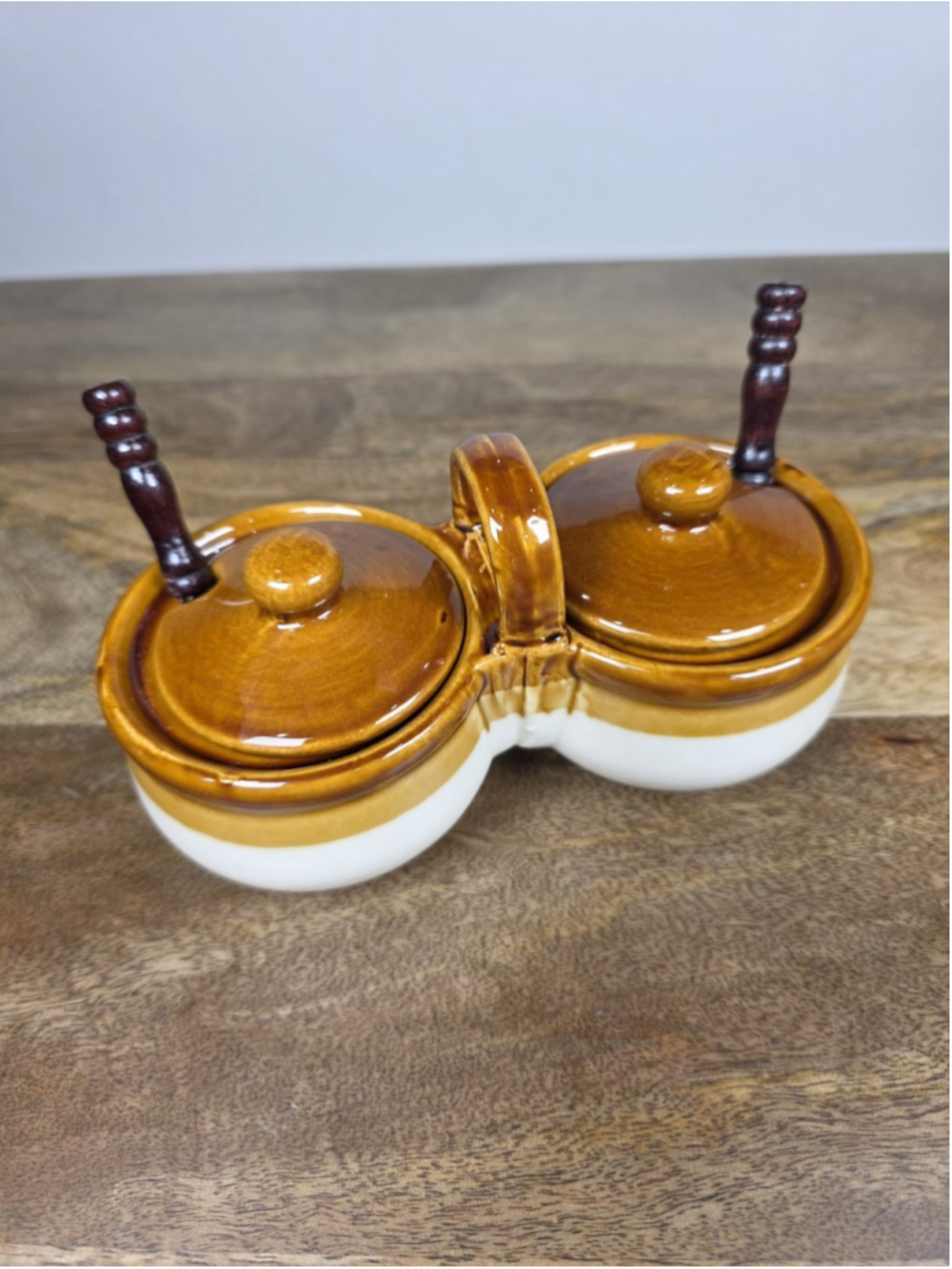 Vintage Taiwan Double Condiment Server Ceramic Lidded Jars 2 Wood Handle Spoons